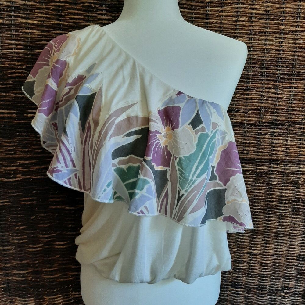 Free People Annka Linen Blend Shirt Women's Medium Ivory One Shoulder Resortwear